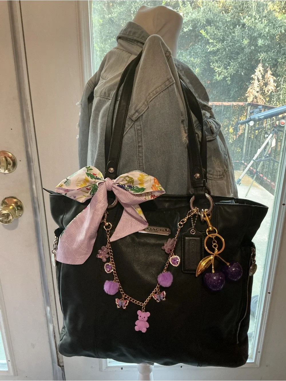 Coach Black Leather Tote with Purple Charm Details